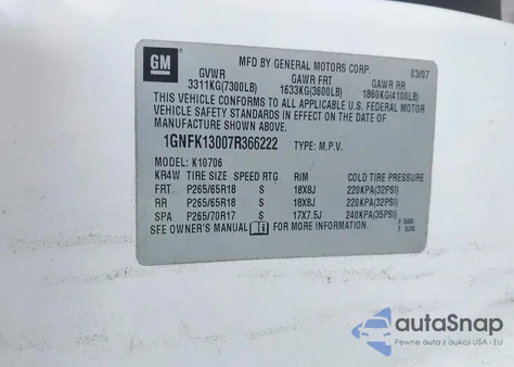 2007 Chevrolet Tahoe K1500 from USA, damaged, VIN 1GNFK13007R366222